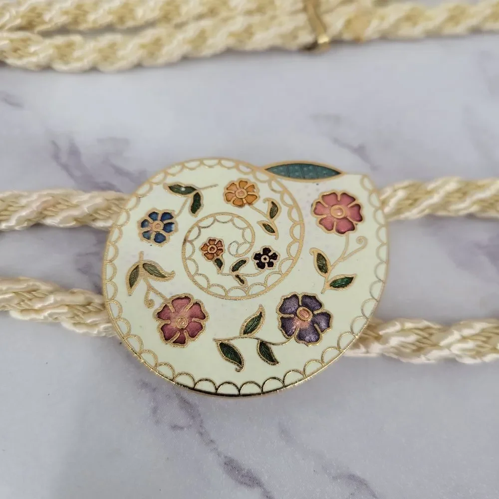 Vintage Cream Rope Belt with Gold Toned Cloissone Floral Enamel Seashell Buckle